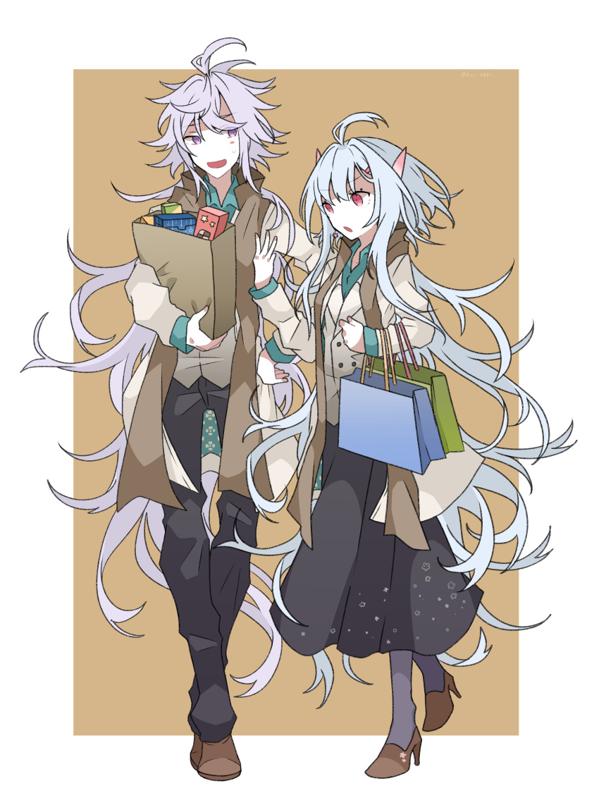 1boy 1girl absurdres ahoge bag bangs black_legwear black_pants black_skirt blue_eyes border eyebrows_visible_through_hair fate/grand_order fate_(series) full_body grocery_bag hand_on_hip hand_up high_collar highres holding holding_bag kujiramaru long_hair long_sleeves merlin_(fate) merlin_(fate/prototype) messy_hair open_mouth pants pointy_ears sandals shirt shopping_bag sidelocks skirt smile socks standing very_long_hair white_hair