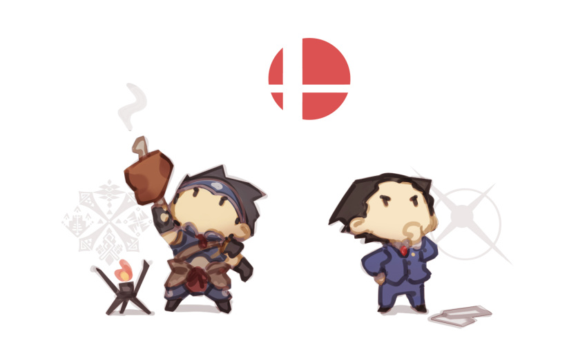 2boys black_hair capcom chibi company_connection earrings food formal gyakuten_saiban hakama_pants jewelry male_focus meat monster_hunter monster_hunter_rise multiple_boys naruhodou_ryuuichi necktie nin_nakajima short_hair stool suit super_smash_bros.