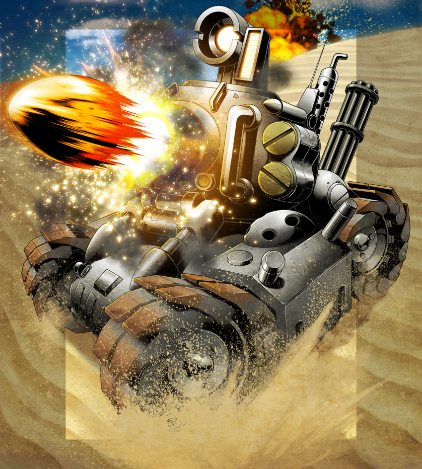 action battle caterpillar_tracks clouds desert explosion gatling_gun godtail ground_vehicle highres metal_slug military military_uniform military_vehicle motor_vehicle no_humans sky smoke snk sv001_(metal_slug) tank tank_shell uniform