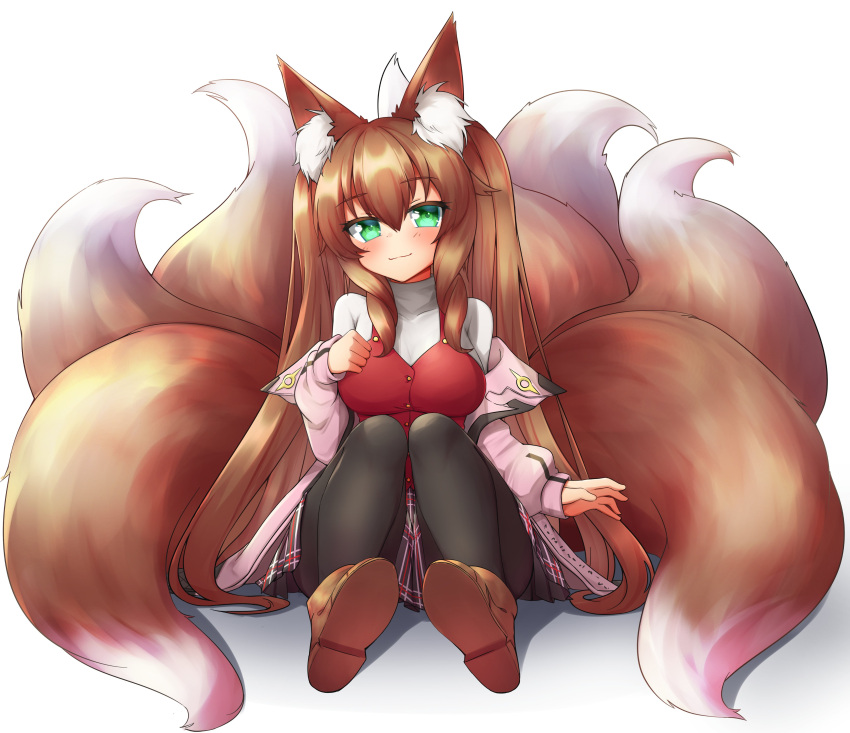 1girl absurdres animal_ear_fluff animal_ears blush breasts brown_footwear closed_mouth commentary commission english_commentary eyebrows_visible_through_hair fox_ears fox_tail green_eyes grey_skirt highres jacket klaius large_breasts long_hair long_sleeves looking_at_viewer multiple_tails off_shoulder open_clothes open_jacket original pigeon-toed pink_jacket plushmallow red_vest simple_background sitting skirt smile solo tail very_long_hair vest white_background
