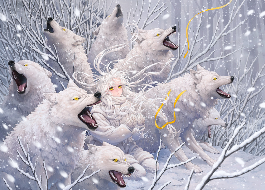 1girl animal bangs branch cable_knit coat floating_hair highres knit_mittens long_hair minami_(minami373916) original outdoors pants parted_lips plant ribbon scarf snow solo tree white_coat white_hair white_pants white_theme wolf yellow_eyes yellow_ribbon