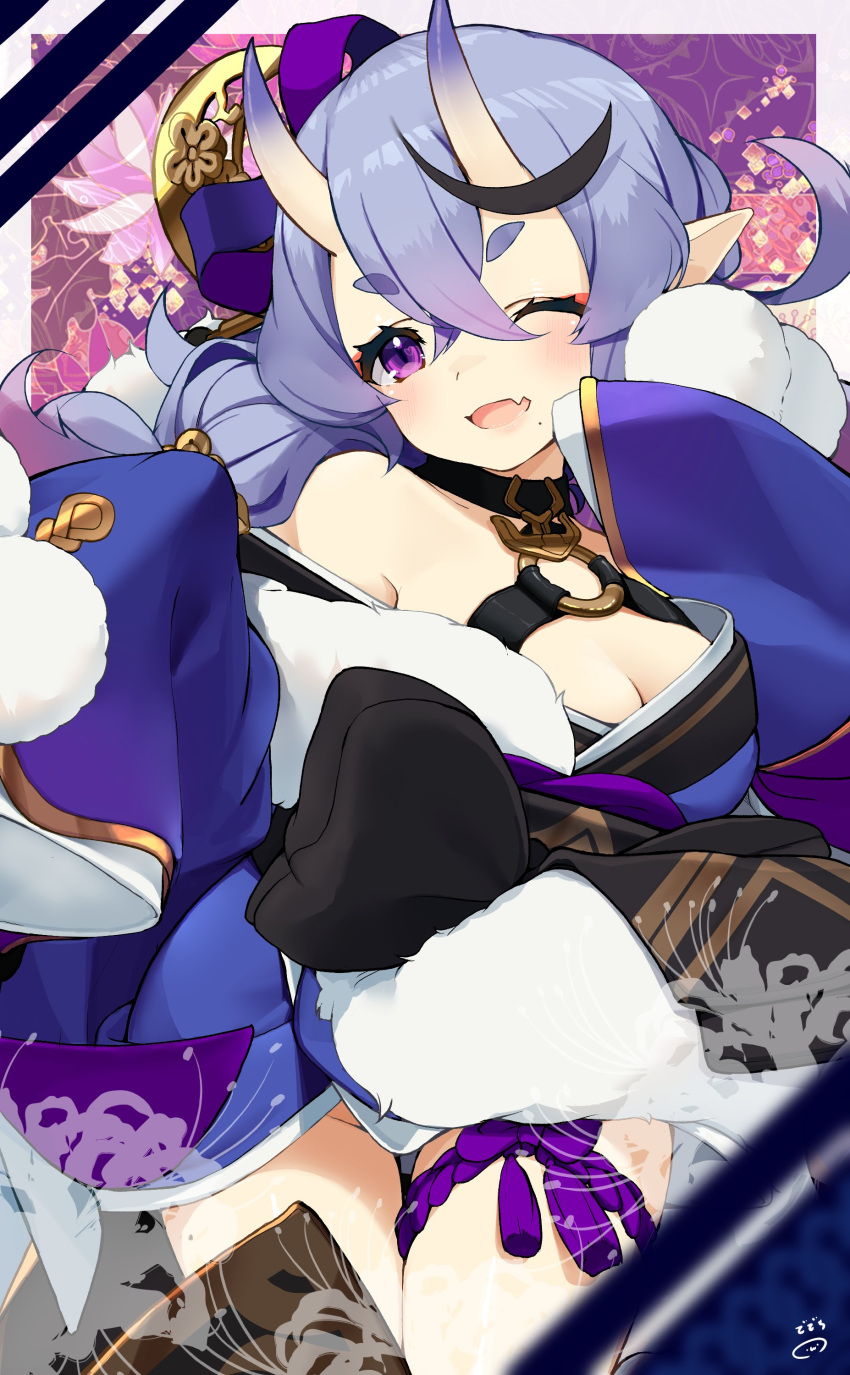 1girl absurdres breasts eyebrows_visible_through_hair fang gradient_hair highlights highres horns japanese_clothes kimono large_breasts long_hair mole multicolored_hair nejime nijisanji no_panties one_eye_closed oni oni_horns open_mouth pointy_ears purple_hair rindou_mikoto smile solo thick_eyebrows violet_eyes virtual_youtuber