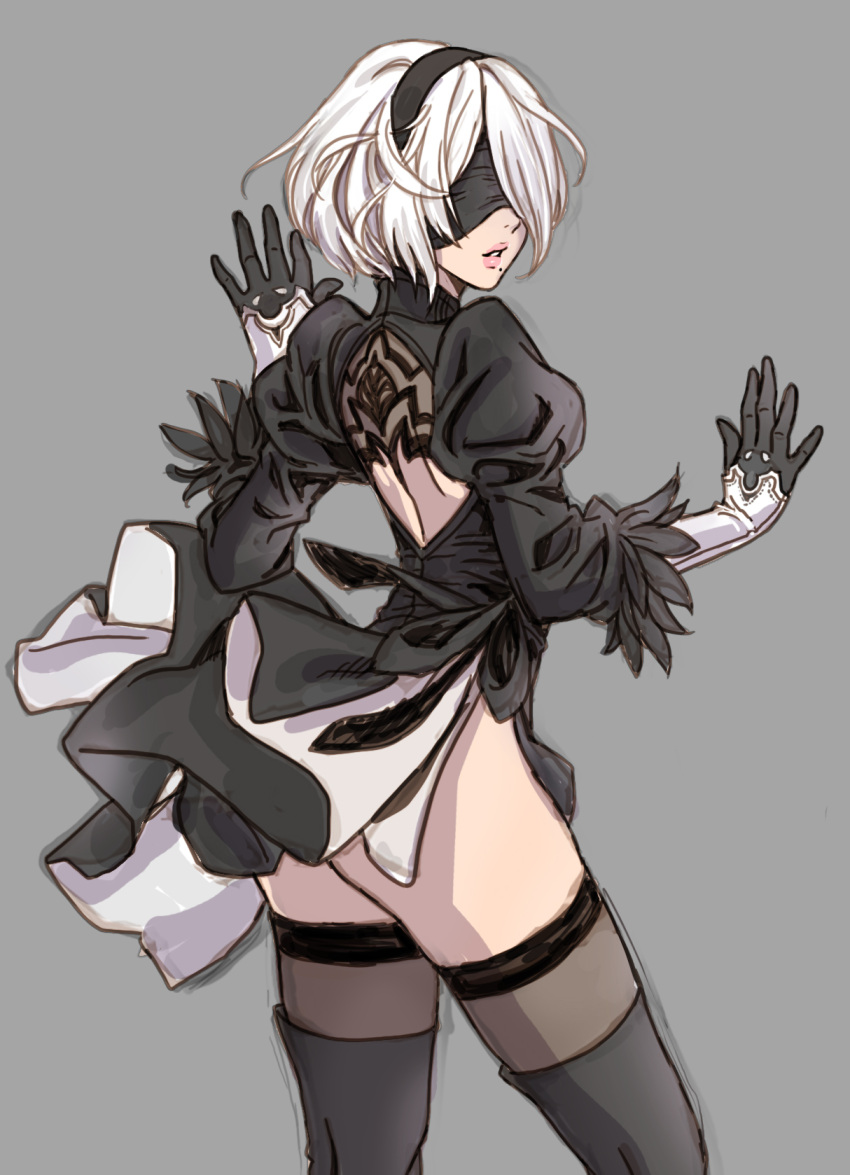 1girl bangs black_dress black_footwear black_gloves black_hairband black_legwear blindfold boots commentary_request dress feather_trim gloves grey_background hairband highres lips long_sleeves mole mole_under_mouth nier_(series) nier_automata parted_lips pink_lips puffy_sleeves short_dress short_hair simple_background solo thigh-highs thigh_boots turtleneck white_hair yamashita_shun'ya yorha_no._2_type_b