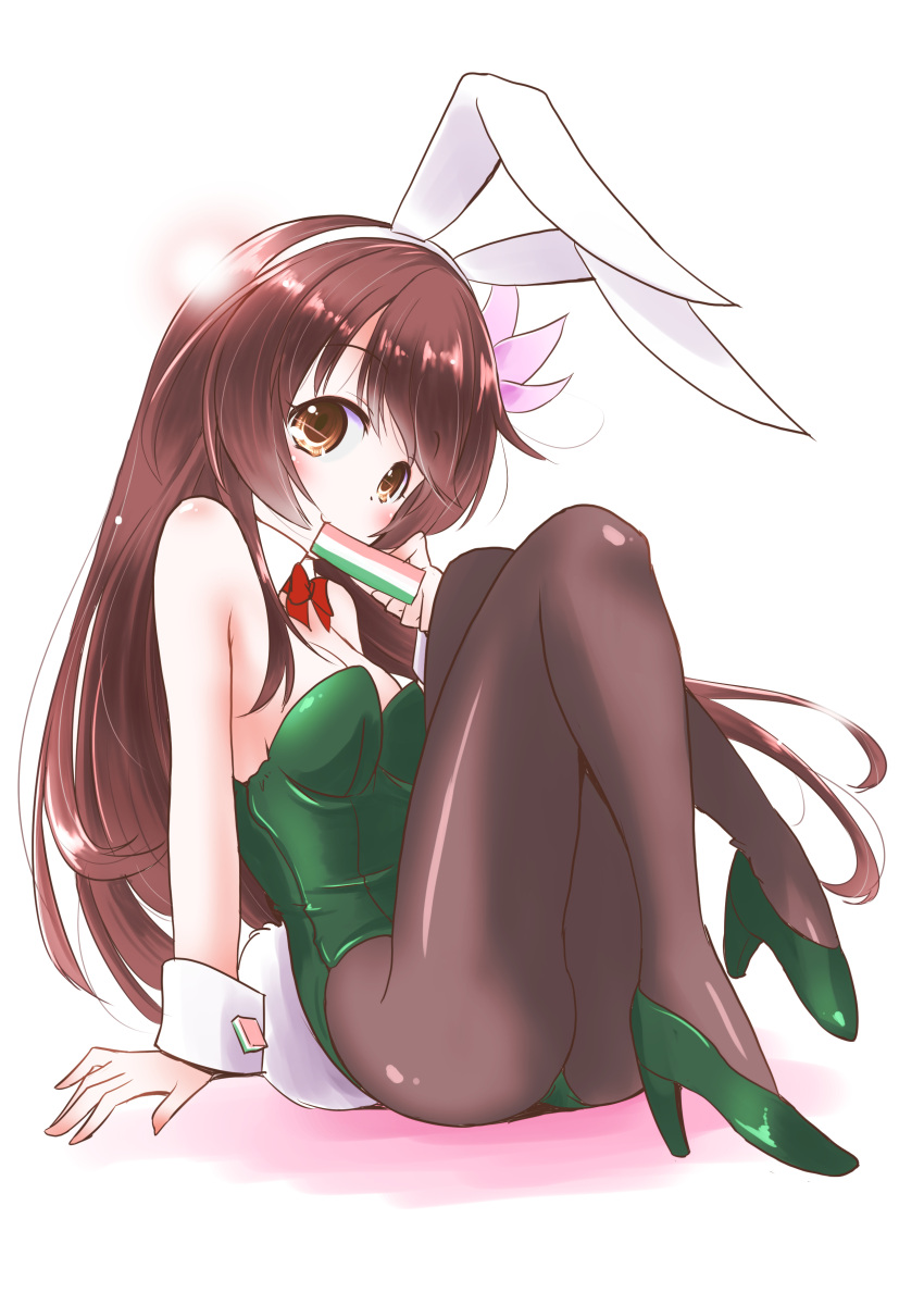 1girl absurdres animal_ears black_legwear brown_eyes brown_hair bunny_tail commentary_request detached_collar eating fake_animal_ears full_body green_footwear green_leotard hair_ornament high_heels highres hishimochi kantai_collection kisaragi_(kancolle) leotard long_hair mochi pantyhose playboy_bunny rabbit_ears red_neckwear sitting solo tail taisinkoku white_background wrist_cuffs