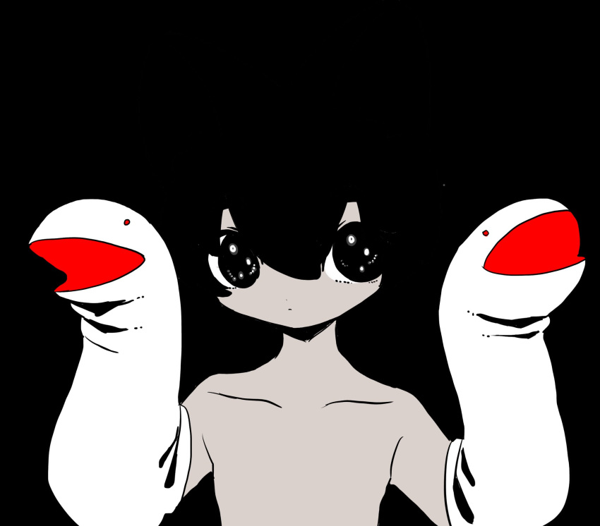 1boy black_background black_eyes black_hair closed_mouth dark hand_puppet highres looking_at_viewer male_focus nude original puppet shima_(wansyon144) simple_background solo spot_color