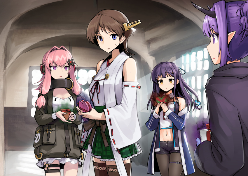 4girls :o arknights azur_lane bad_food bangs black_legwear black_shorts box breasts brown_hair crossover detached_sleeves ebizome gift gift_box girls_frontline green_skirt hair_bun hair_intakes hair_ornament hair_ribbon headgear headphones hibiscus_(arknights) hiei_(kancolle) highres holding holding_gift horns indoors jacket japanese_clothes k31_(girls_frontline) kantai_collection long_hair long_sleeves midriff mullany_(azur_lane) multiple_crossover multiple_girls navel nontraditional_miko off_shoulder open_mouth pantyhose pink_hair plaid plaid_skirt pointy_ears purple_hair ribbon ribbon-trimmed_sleeves ribbon_trim short_hair shorts sidelocks skirt sweat thigh-highs thigh_strap tress_ribbon valentine violet_eyes wide_sleeves yellow_eyes