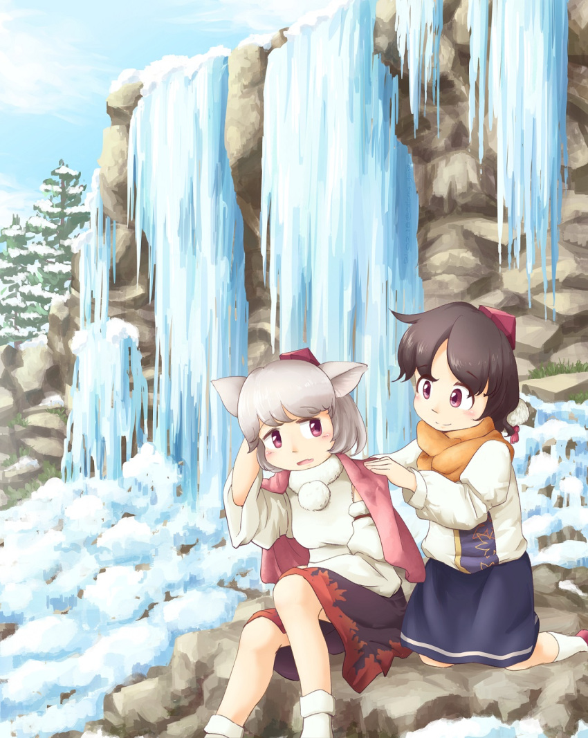 2girls animal_ears arm_behind_head bangs black_hair black_skirt blanket blue_sky calcmis_gowa clouds commentary_request day detached_sleeves eyebrows_visible_through_hair feet_out_of_frame foot_out_of_frame frozen hat highres ice inubashiri_momiji knee_up kneehighs kneeling leaf_print long_sleeves looking_back multiple_girls open_mouth outdoors parted_bangs pom_pom_(clothes) red_eyes red_headwear shameimaru_aya short_hair silver_hair sitting skirt sky smile snow socks tokin_hat touhou tree two-tone_shirt water waterfall white_legwear winter wolf_ears