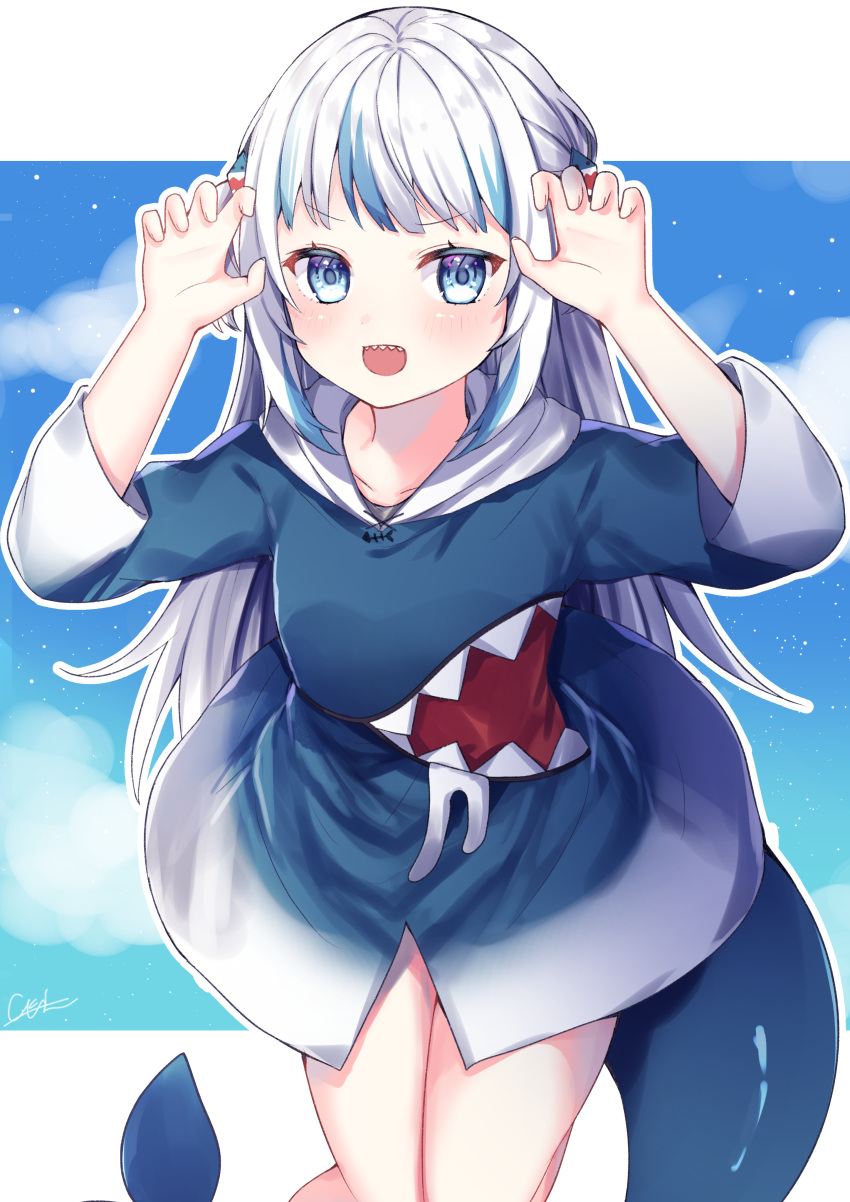 1girl :d absurdres animal_costume aqua_eyes bangs bare_legs blue_hair blunt_bangs blush border claw_pose eyebrows_visible_through_hair fish_tail gawr_gura hair_ornament highres hololive hololive_english hood hood_down hoodie long_hair long_sleeves looking_at_viewer multicolored_hair okiq open_mouth outside_border shark_costume shark_hair_ornament shark_tail sharp_teeth sidelocks signature smile solo streaked_hair tail teeth virtual_youtuber white_border white_hair wide_sleeves