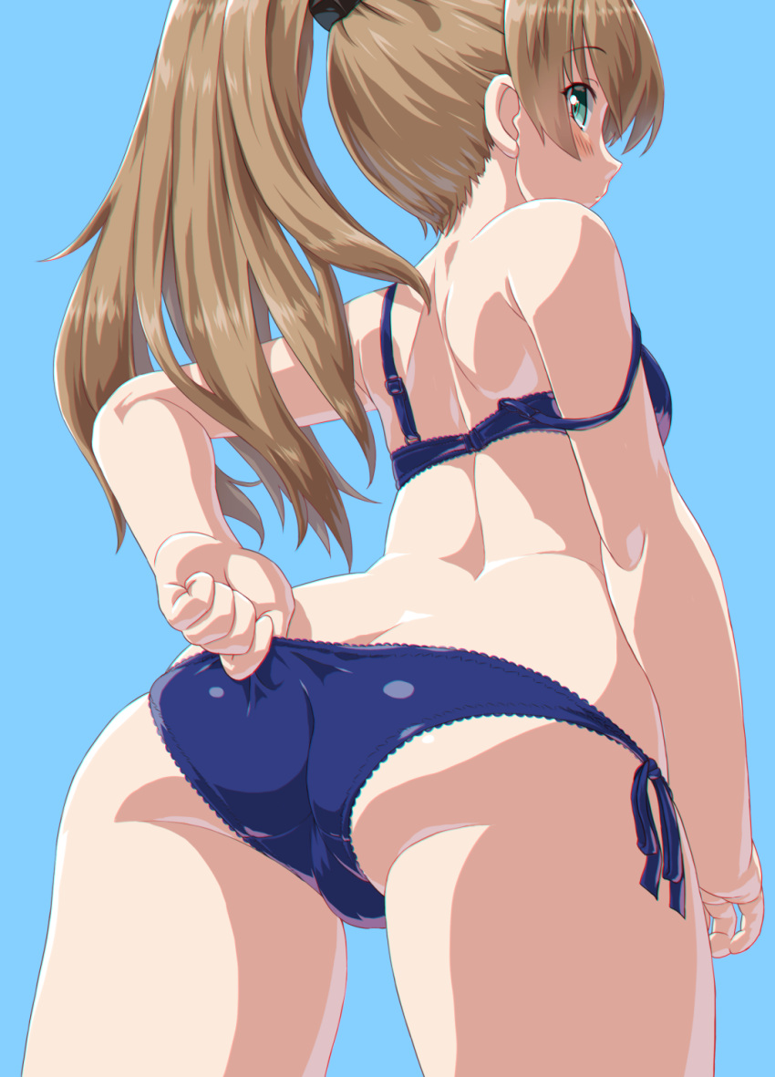 1girl adjusting_clothes aqua_eyes ass bare_arms bare_shoulders blue_background blue_bra blue_panties bra breasts brown_hair cowboy_shot dd_(ijigendd) eyebrows_visible_through_hair from_behind highres kantai_collection kumano_(kancolle) long_hair looking_at_viewer looking_back panties ponytail side-tie_panties solo strap_slip underwear underwear_only