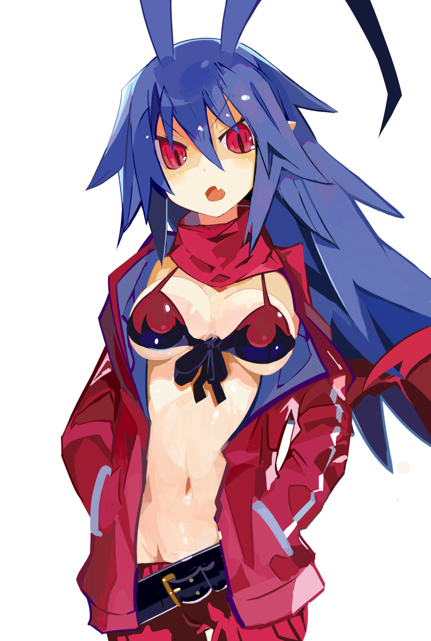 1girl absurdres antenna_hair belt bikini bikini_top blue_hair breasts commentary_request disgaea disgaea_d2 eyebrows_visible_through_hair fang flame_print genderswap genderswap_(mtf) hands_in_pockets highres jacket laharl laharl-chan long_hair looking_at_viewer makai_senki_disgaea miyakawa106 open_mouth pointy_ears red_bikini red_eyes red_jacket scarf solo swimsuit