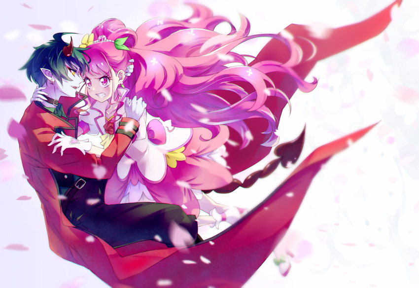 1boy 1girl black_pants blue_skin clenched_teeth coat collarbone colored_skin daruizen diadem dress gloves green_hair hanadera_nodoka hand_in_another's_hair hand_on_another's_shoulder healin'_good_precure highres horns kyoutsuugengo layered_dress long_hair long_sleeves pants pink_eyes pink_hair pointy_ears precure red_coat shiny shiny_hair short_dress short_hair single_horn sparkle teeth v-shaped_eyebrows very_long_hair white_footwear white_gloves yellow_eyes