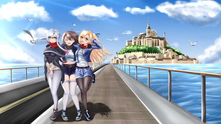 3girls absurdres asymmetrical_hair azur_lane baltimore_(azur_lane) belt bird black_scarf blonde_hair blue_eyes blue_shirt boots braid braided_bun brown_hair castle cleveland_(azur_lane) closed_eyes clouds commission commissioner_upload denim denim_jacket denim_shorts fingerless_gloves full_body gloves hair_ribbon highres jacket jewelry long_hair long_sleeves looking_at_viewer md5_mismatch medium_hair mont_st-michel multicolored_hair multiple_girls musanix navel necklace odin_(azur_lane) one_side_up open_mouth pants pantyhose red_eyes red_scarf resolution_mismatch ribbon scarf seagull shirt shorts signature sky smile source_smaller sweatshirt thigh-highs two-tone_hair v very_long_hair water white_hair winter_clothes