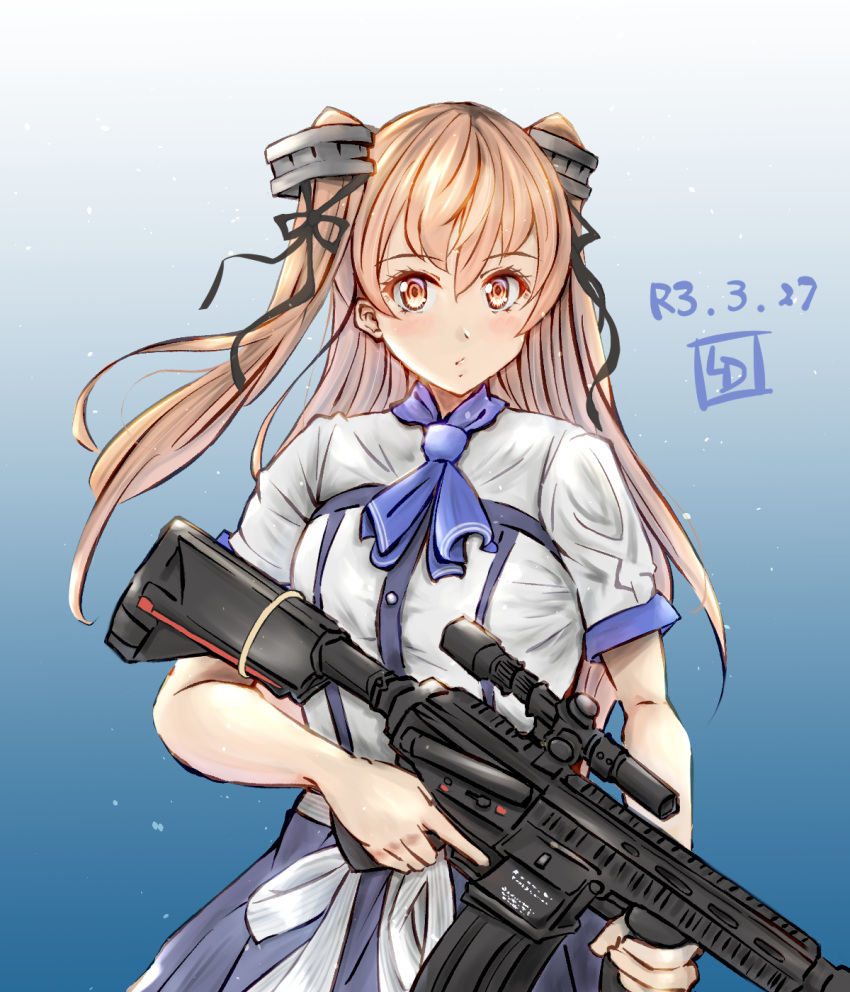 1girl artist_logo blouse blue_background blue_skirt brown_eyes commentary_request cowboy_shot dated gradient gradient_background gun highres holding holding_gun holding_weapon johnston_(kancolle) kantai_collection ld_(luna_dial398) light_brown_hair long_hair looking_at_viewer official_alternate_costume rifle skirt sniper_rifle sniper_scope solo two_side_up weapon weapon_request white_blouse