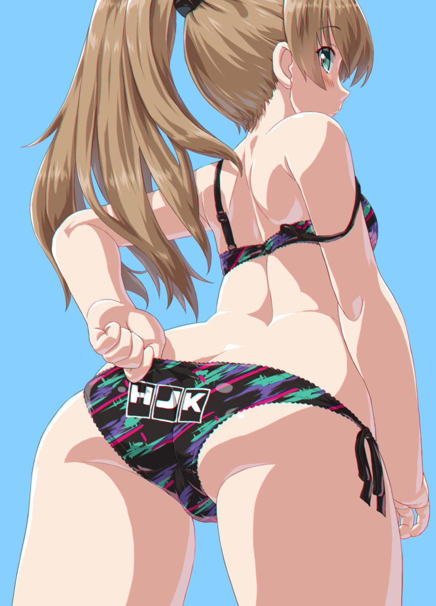 1girl adjusting_clothes aqua_eyes ass bare_arms bare_shoulders black_bra black_panties blue_background bra breasts brown_hair clothes_writing cowboy_shot dd_(ijigendd) eyebrows_visible_through_hair from_behind highres kantai_collection kumano_(kancolle) long_hair looking_at_viewer looking_back panties ponytail side-tie_panties solo strap_slip underwear underwear_only