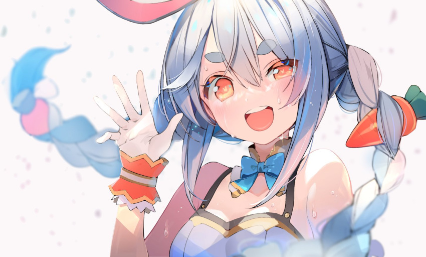 1girl animal_ear_fluff animal_ears blue_hair blurry blush bow braid breasts bunny_girl carrot carrot_hair_ornament depth_of_field detached_collar food_themed_hair_ornament gradient_eyes hair_ornament hololive long_hair looking_at_viewer multicolored multicolored_eyes multicolored_hair nekoboshi_sakko open_mouth orange_eyes rabbit_ears smile solo sweat sweatdrop thick_eyebrows twin_braids two-tone_hair upper_body usada_pekora virtual_youtuber white_hair wrist_cuffs