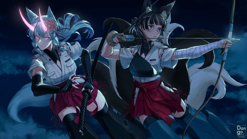 animal_ears arrow_(projectile) bandaged_arm bandages bow_(weapon) commission dangodes detached_sleeves f-35_lightning_ii fox_ears fox_tail glowing glowing_eyes hair_ornament highres horns katana kawakami_miyuki kawashima_misato kitsune multicolored_tail muneate second-party_source signature strike_witches_1991 sword tail weapon