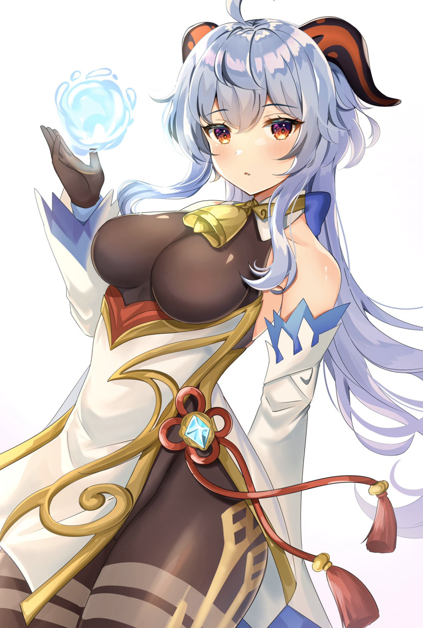 1girl :o ahoge bangs bare_shoulders bell black_gloves blue_hair bodysuit breasts brown_bodysuit cowbell detached_sleeves eyebrows_visible_through_hair ganyu_(genshin_impact) genshin_impact gloves goat_horns hand_up highres horns katsushika_pachi long_hair looking_at_viewer medium_breasts orb red_eyes simple_background solo white_background