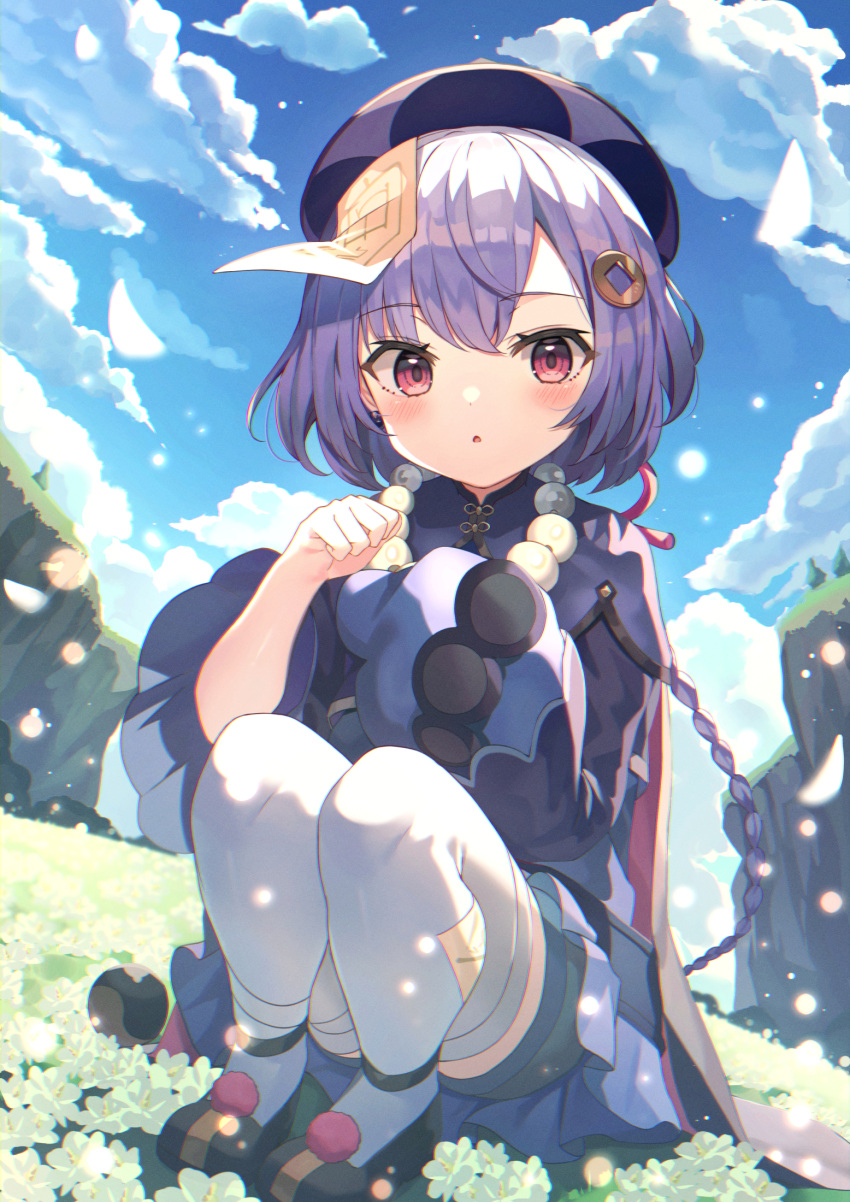 1girl :o bead_necklace beads blush braid braided_ponytail clouds day dress flower frilled_dress frills full_body genshin_impact hair_ornament hat highres jewelry looking_at_viewer nam necklace qiqi_(genshin_impact) shorts sky sleeves_past_wrists solo squatting thighs wide_sleeves