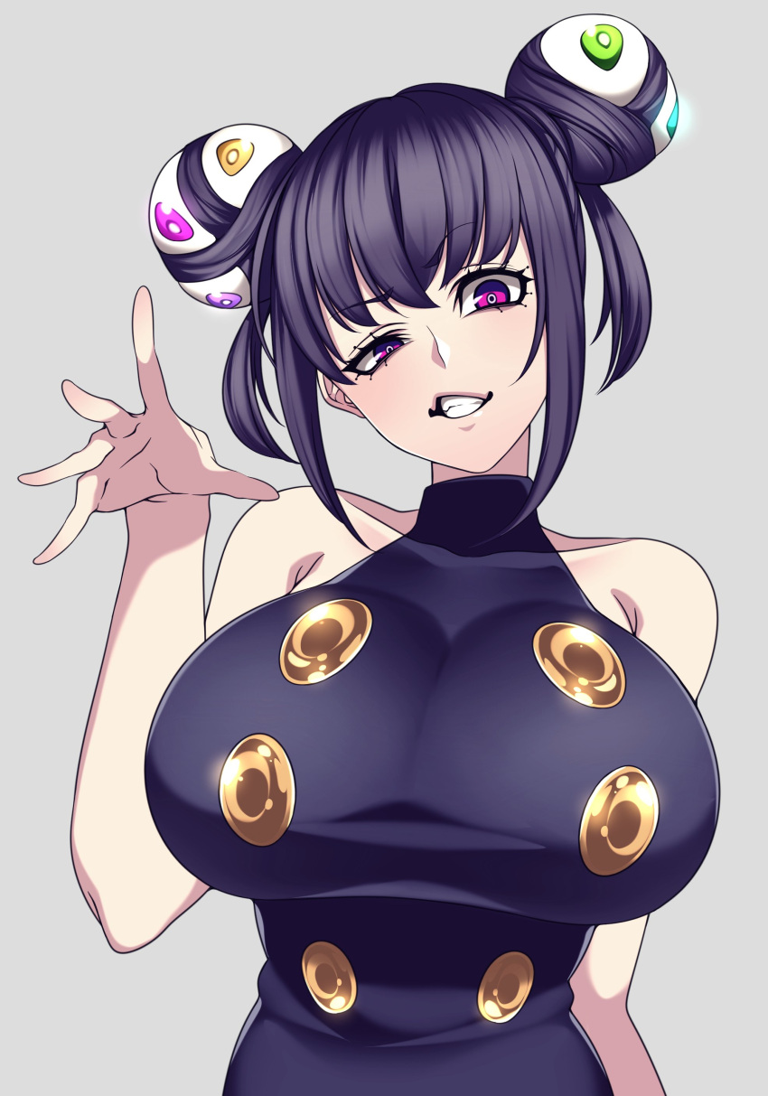 1girl absurdres bare_shoulders black_hair breasts camui_kamui clenched_teeth double_bun eyebrows gesugao hair_bun hand_up highres huge_breasts looking_at_viewer mao_(camui_kamui) original raised_eyebrows sleeveless teeth violet_eyes