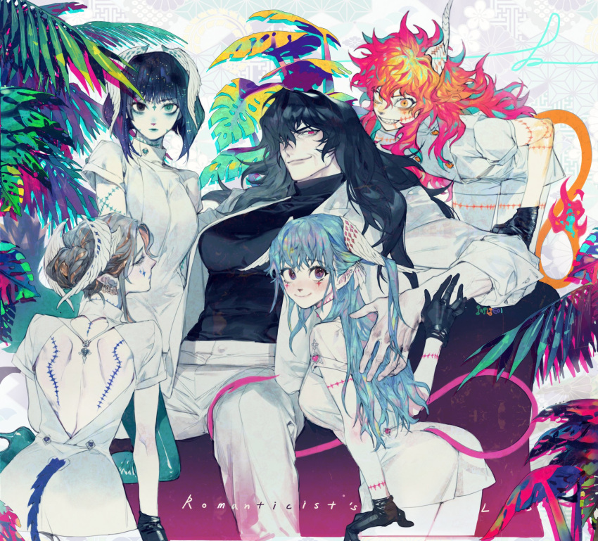 5girls aqua_eyes backless_outfit bangs black_eyes black_gloves black_hair blue_hair breasts earrings eyebrows_visible_through_hair gloves grey_hair hair_bun head_wings heterochromia highres jewelry labcoat large_breasts long_hair looking_at_viewer medical_scrubs medium_breasts multicolored_hair multiple_girls nurse orange_hair original pants pigeon666 plant purple_hair red_eyes rubber_gloves short_hair small_breasts smile tail turtleneck two-tone_hair violet_eyes white_pants yellow_eyes