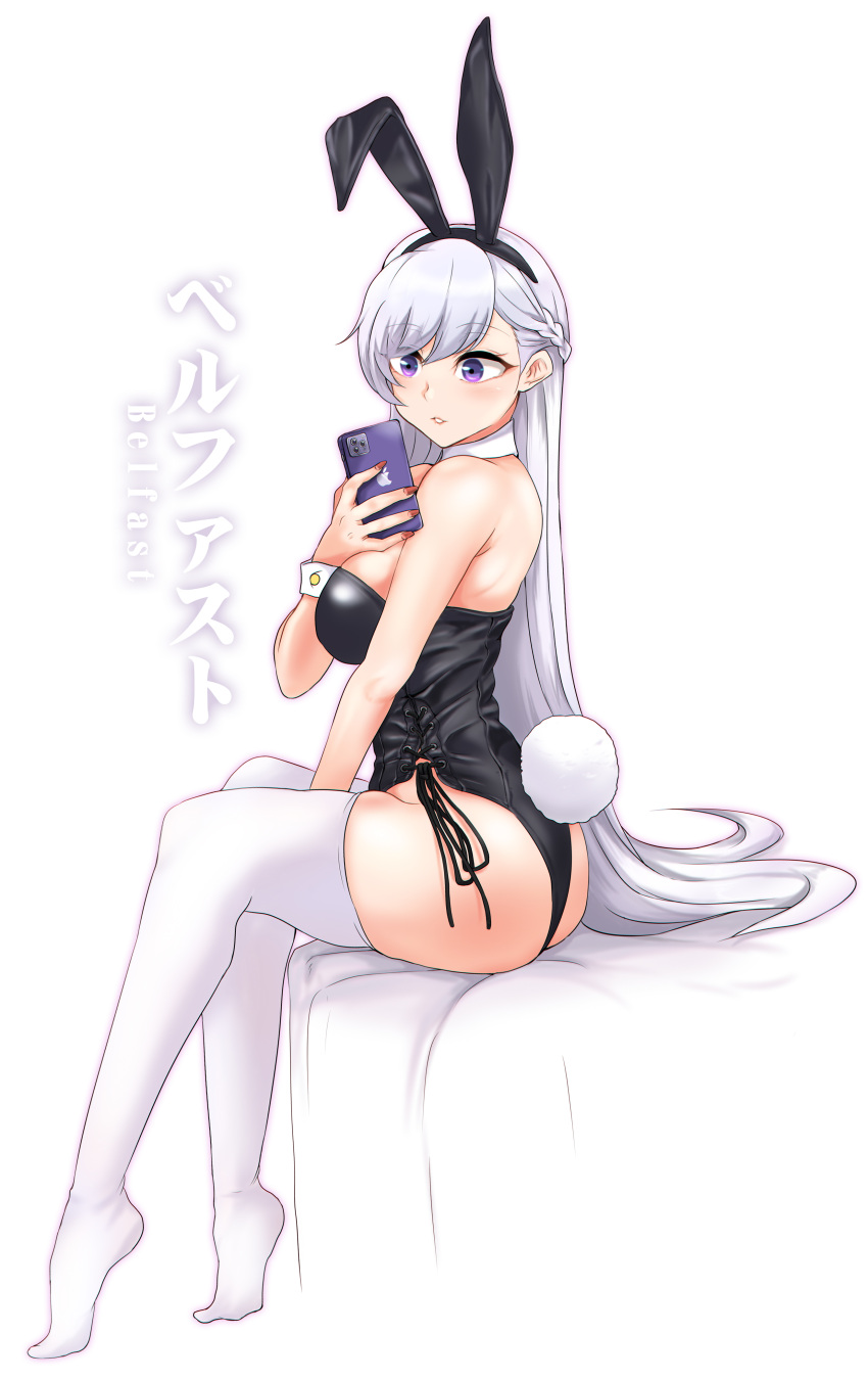 1girl absurdres azur_lane back belfast_(azur_lane) braid breasts bunny_hair_ornament bunny_tail cellphone character_name closed_mouth eyebrows_visible_through_hair french_braid hair_ornament highres holding holding_phone long_hair looking_at_viewer medium_breasts nail_polish os_(kazos) phone playboy_bunny red_nails silver_hair sitting smartphone solo tail thigh-highs thighs violet_eyes white_background white_hair white_legwear