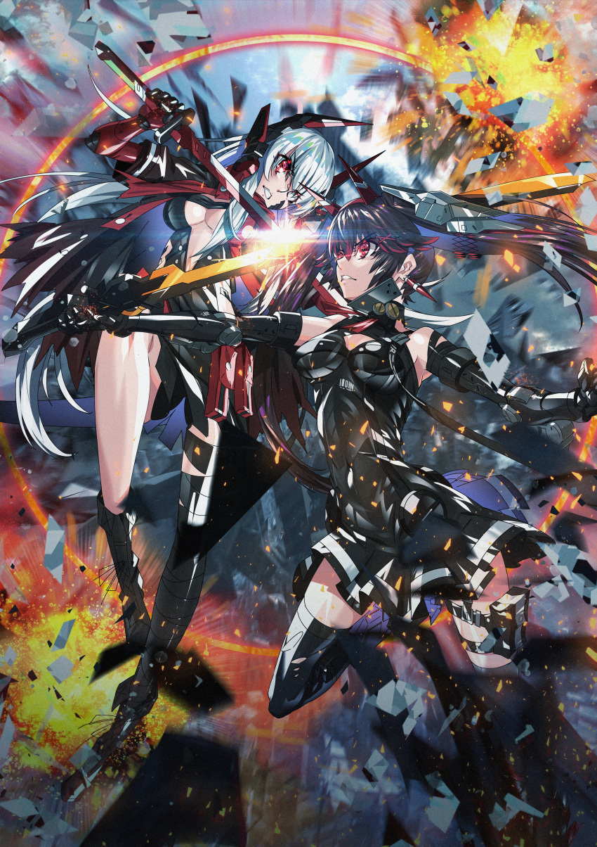 2girls absurdres black_hair boots breasts center_opening clenched_hand explosion fighting floating_hair highres holding holding_sword holding_weapon huge_filesize long_hair looking_down looking_up lucia_(punishing:_gray_raven) lucia_s_crimson_abyss mecha_musume medium_breasts multiple_girls paintedmike punishing:_gray_raven science_fiction skin_tight sword sword_clash thigh-highs thigh_boots twintails under_boob v-shaped_eyebrows weapon white_hair