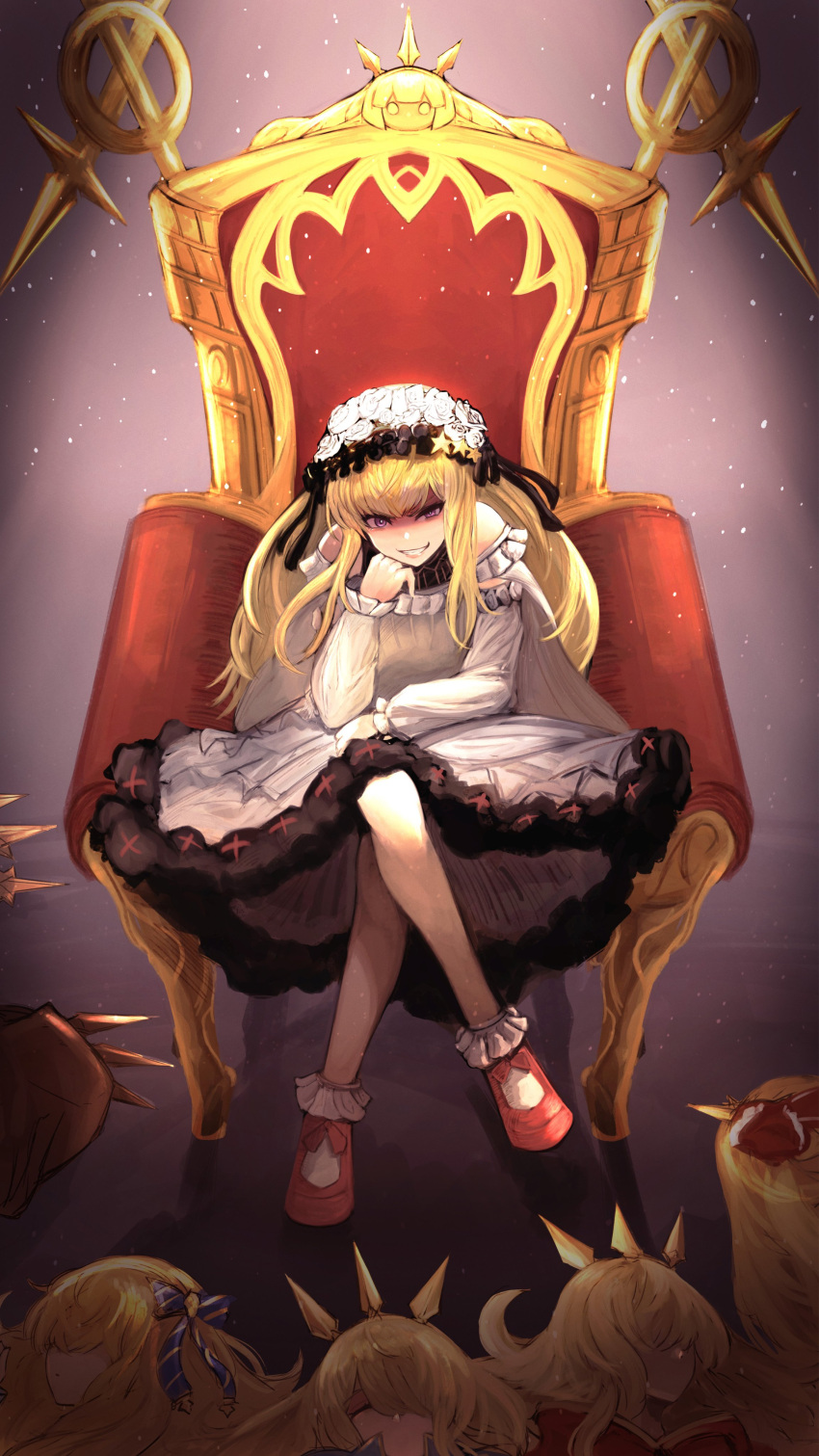 absurdres armchair bangs bare_shoulders blonde_hair bobby_socks cagliostro_(granblue_fantasy) cero421 chair clone closed_eyes commentary_request crossed_legs dress evil_grin evil_smile flower granblue_fantasy grin hair_flower hair_ornament hairband head_rest highres leaning_forward long_hair looking_at_viewer mary_janes red_footwear shaded_face shoes smile socks throne violet_eyes white_dress