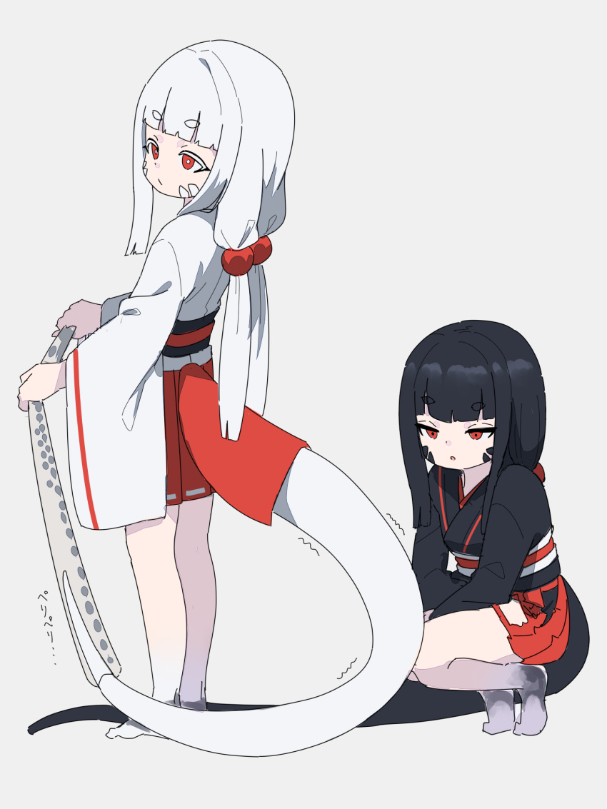 2girls :o bangs black_hair black_kimono blunt_bangs closed_mouth eyebrows_visible_through_hair grey_background highres japanese_clothes kimono kuro_kosyou long_hair long_sleeves low_twintails multiple_girls obi original parted_lips pleated_skirt red_eyes red_skirt sash scales shadow shedding short_eyebrows skirt squatting standing tail thick_eyebrows translation_request trembling twintails very_long_hair white_hair white_kimono wide_sleeves