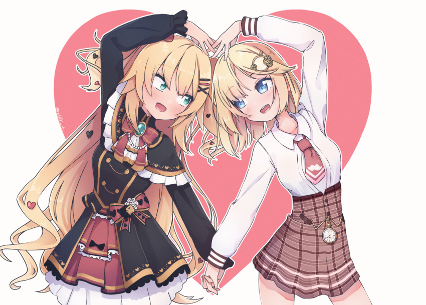 2girls :d akai_haato blonde_hair blue_eyes blush grey_background hair_ornament hairclip heart heart_arms_duo heart_background heart_hair_ornament holding_hands hololive hololive_english long_hair long_sleeves looking_at_another monocle_hair_ornament multiple_girls necktie open_mouth pocket_watch red_neckwear renpc ribbon short_hair smile twitter_username two_side_up virtual_youtuber watch watson_amelia