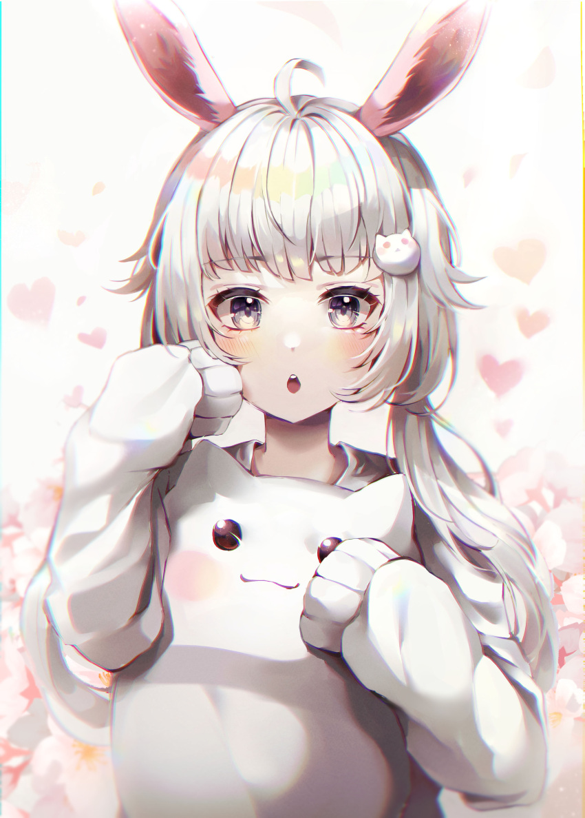 1girl :3 :o absurdres ahoge animal_ears bangs blush borrowed_character bunny_girl cat_hair_ornament cat_pillow eyebrows_visible_through_hair flower grey_eyes hair_ornament hands_up heart highres holding holding_pillow long_hair long_sleeves looking_at_viewer mirage_(rairudiseu) original pillow rabbit_ears sidelocks sleeves_past_fingers sleeves_past_wrists solo sweater teeth twintails upper_teeth white_flower white_hair white_sweater