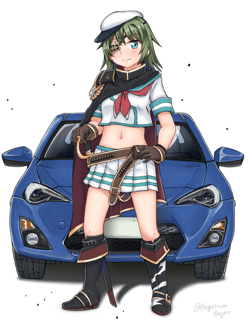 1girl asymmetrical_footwear black_footwear black_gloves blue_eyes boots cape car commission cutlass eyepatch full_body gloves green_hair ground_vehicle hat highres kantai_collection kiso_(kancolle) looking_at_viewer midriff motor_vehicle neckerchief onguuchi pleated_skirt red_neckwear remodel_(kantai_collection) sailor_hat school_uniform serafuku short_hair simple_background single_pauldron skeb_commission skirt solo standing toyota_86 white_background white_headwear white_skirt