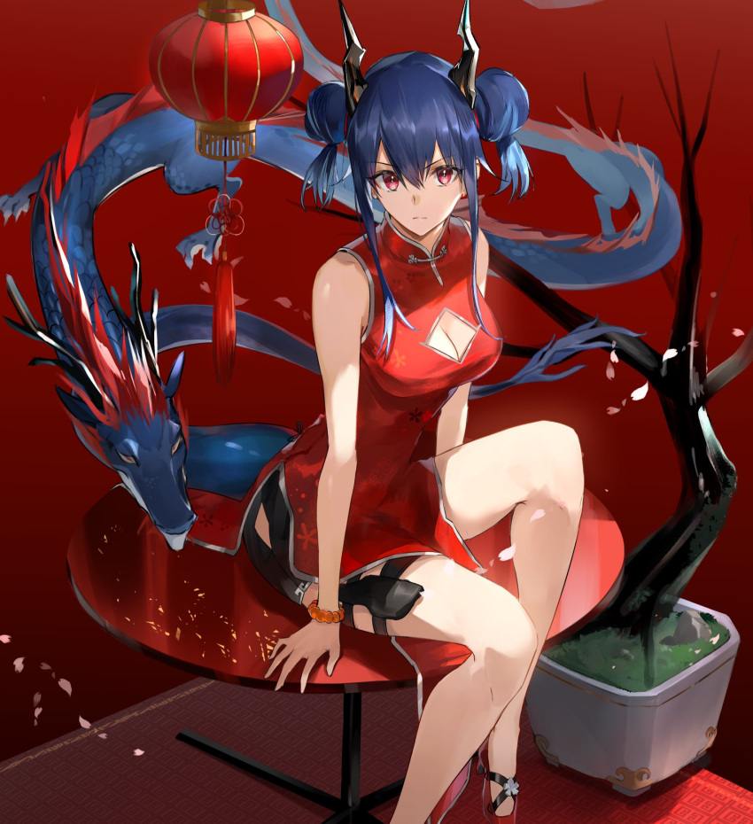 1girl arknights bangs bare_arms bare_legs bare_shoulders bead_bracelet beads black_shorts blue_hair bracelet breasts ch'en_(ageless_afterglow)_(arknights) ch'en_(arknights) china_dress chinese_clothes cleavage_cutout clothing_cutout double_bun dragon dragon_girl dragon_horns dragon_tail dress eastern_dragon hair_between_eyes highres horns hoshi_rasuku jewelry long_hair looking_at_viewer medium_breasts petals red_background red_dress red_eyes red_footwear shorts sidelocks sitting sleeveless sleeveless_dress solo tail thighs