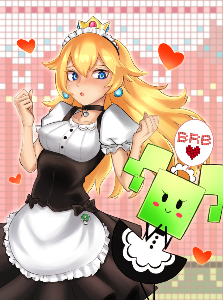 2girls alternate_costume apron blonde_hair blue_eyes blurry blush_stickers breasts choker crown delica_(vinebooru) depth_of_field earrings enmaided heart highres jewelry long_hair maid maid_apron maid_headdress super_mario_bros. medium_breasts mimi_(paper_mario) multiple_girls open_mouth princess_peach puffy_short_sleeves puffy_sleeves short_sleeves super_mario_bros. super_paper_mario sweatdrop underbust vinesauce vineshroom