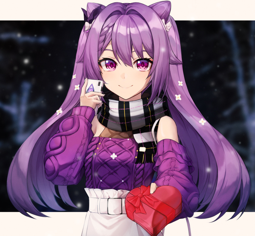 1girl absurdres bare_shoulders bow box braid casual double_bun genshin_impact gift gift_box hair_bow hair_bun hair_ornament heart highres holding holding_phone huge_filesize keqing_(genshin_impact) long_sleeves looking_at_viewer phone purple_hair scarf smile solo sora_(men0105) sweater twintails valentine violet_eyes