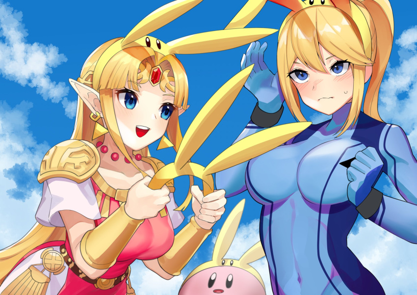 1other 2girls animal_ears armor bangs blonde_hair blue_bodysuit blue_eyes blush bodysuit bracer breasts circlet dress earrings gloves high_ponytail highres jewelry katwo kirby kirby_(series) long_hair medium_breasts metroid mole mole_under_mouth multiple_girls necklace pointy_ears ponytail princess_zelda rabbit_ears samus_aran shoulder_armor simple_background skin_tight smile super_smash_bros. the_legend_of_zelda the_legend_of_zelda:_a_link_between_worlds tiara triforce zero_suit