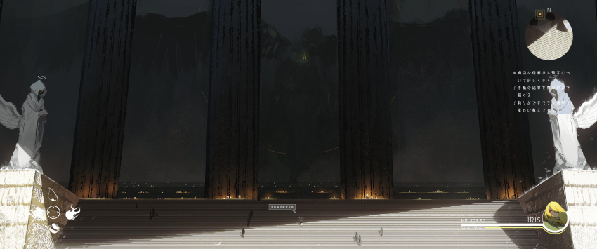 1girl absurdres angel_wings asteroid_ill building day fake_screenshot from_behind heads-up_display health_bar highres hood iris_(asteroid_ill) long_hair minimap original praying scenery solo standing statue translation_request user_interface very_wide_shot wings