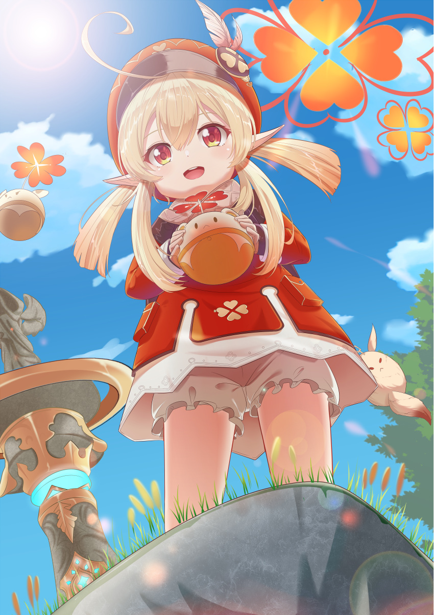 1girl :d absurdres ahoge bangs bare_legs blonde_hair cabbie_hat chinese_commentary clouds cloudy_sky commentary_request day dress feathers from_above genshin_impact grass hair_between_eyes hat highres holding huge_ahoge huge_filesize klee_(genshin_impact) long_hair long_sleeves looking_at_viewer maomao_zaici open_mouth outdoors pointy_ears red_dress red_eyes red_headwear short_shorts shorts sidelocks sky smile solo stone sunlight tree