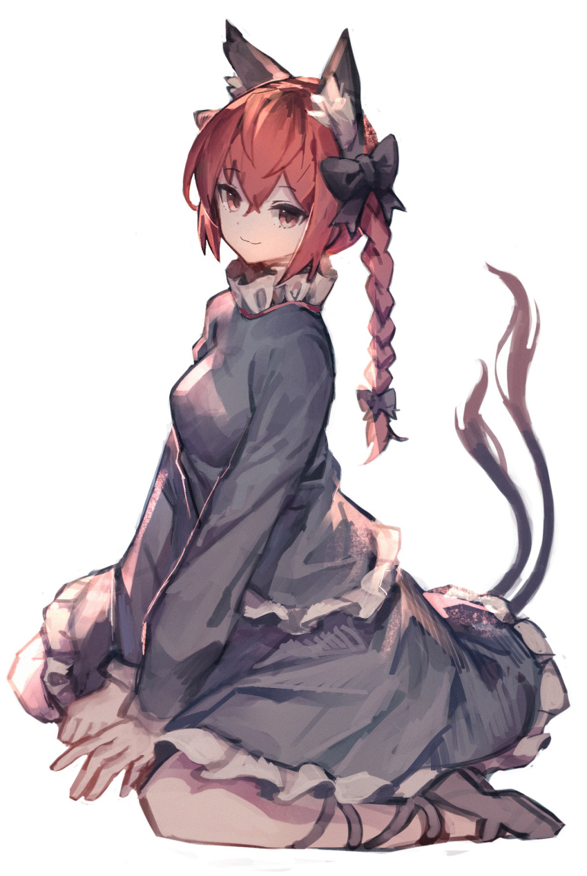 1girl animal_ears breasts cat_ears cat_tail dress extra_ears full_body green_dress highres kaenbyou_rin long_hair long_sleeves medium_breasts multiple_tails nekomata red_eyes redhead simple_background sitting solo tail touhou two_tails wariza white_background yanyan_(shinken_gomi)