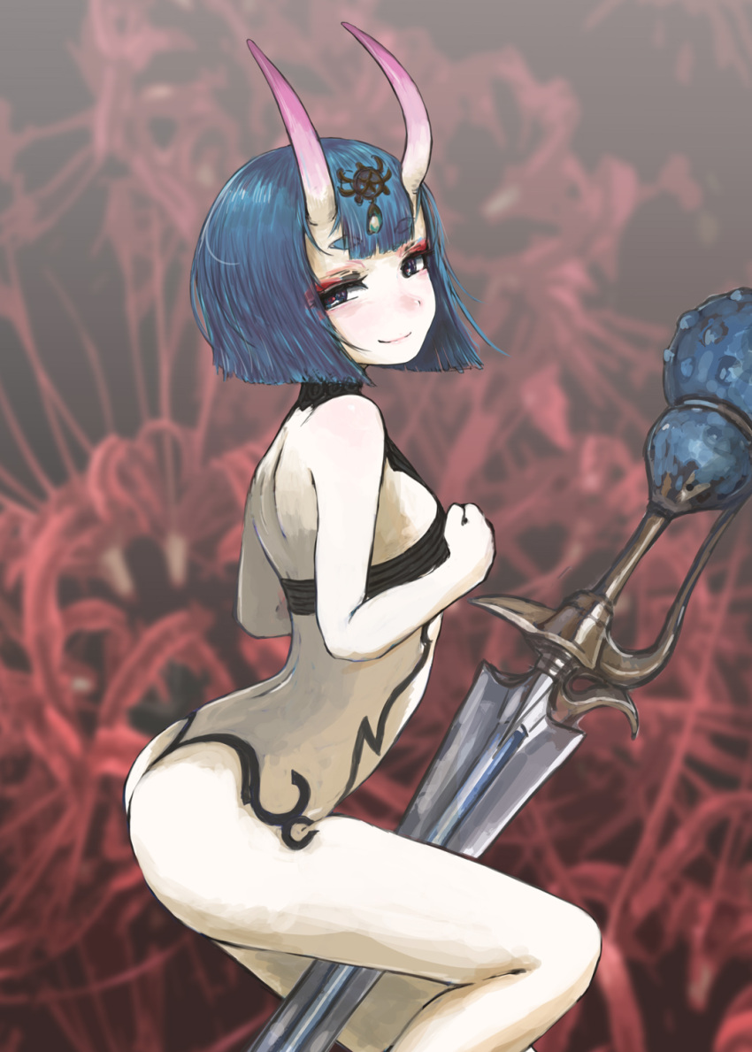 1girl arched_back black_eyes blue_hair blurry bob_cut depth_of_field eyeliner fate/grand_order fate_(series) from_side highres horns looking_at_viewer makeup nito_(nshtntr) oni_horns revealing_clothes short_hair shuten_douji_(fate) skin-covered_horns smile solo sword weapon