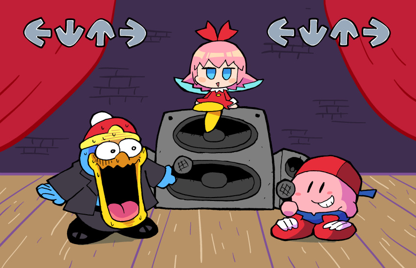 backwards_hat curtains formal friday_night_funkin' grin hat highres king_dedede kirby kirby_(series) looking_at_another microphone no_humans open_mouth parody pink_hair rariatto_(ganguri) ribbon_(kirby) shoes smile speaker stage suit sweat