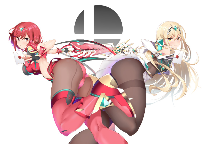 2girls absurdres ass bangs bare_shoulders black_legwear blonde_hair boots breasts daive dress envelope eyebrows_visible_through_hair fingerless_gloves gem gloves headpiece highres jewelry large_breasts leg_up long_hair looking_at_viewer multiple_girls mythra_(xenoblade) pantyhose pyra_(xenoblade) red_eyes red_footwear redhead short_hair simple_background smash_ball smash_invitation smile super_smash_bros. swept_bangs thighband_pantyhose tiara white_background xenoblade_chronicles_(series) xenoblade_chronicles_2 yellow_eyes