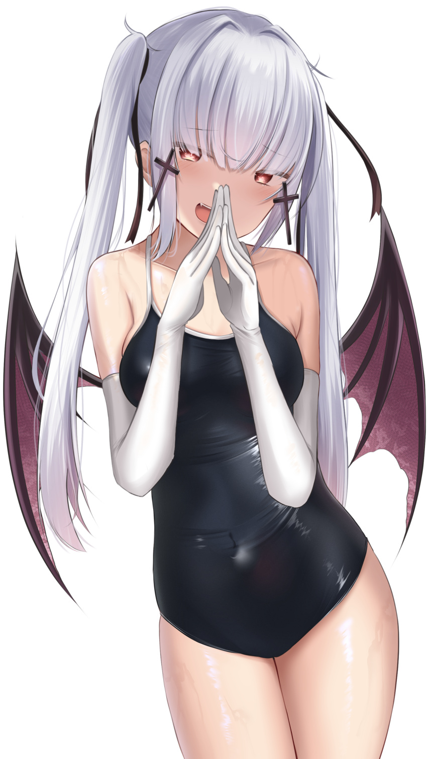 1girl :d absurdres bangs bare_shoulders bat_wings blunt_bangs blush breasts collarbone commentary_request competition_school_swimsuit contrapposto cowboy_shot demon_wings doyachii elbow_gloves eyebrows_visible_through_hair fang gloves hair_ribbon hands_up highres jewelry long_hair looking_at_viewer low_wings medium_breasts one-piece_swimsuit open_mouth original ribbon school_swimsuit shiny shiny_clothes simple_background skindentation smile solo swimsuit twintails white_background white_gloves wings
