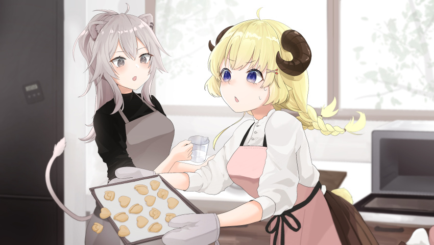 2girls absurdres alternate_costume alternate_hairstyle animal_ears apron blonde_hair blush cookie cooking cowboy_shot dropping food grey_hair highres holding holding_tray hololive horns kitchen lion_ears lion_girl lion_tail long_hair long_sleeves mittens multiple_girls muno sheep_ears sheep_girl sheep_horns shishiro_botan silver_hair tail tray tsunomaki_watame virtual_youtuber