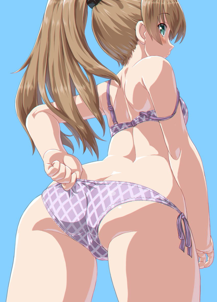 1girl adjusting_clothes aqua_eyes ass bare_arms bare_shoulders blue_background bra breasts brown_hair cowboy_shot dd_(ijigendd) diamond_(shape) eyebrows_visible_through_hair from_behind highres kantai_collection kumano_(kancolle) long_hair looking_at_viewer looking_back panties ponytail purple_bra purple_panties side-tie_panties solo strap_slip underwear underwear_only