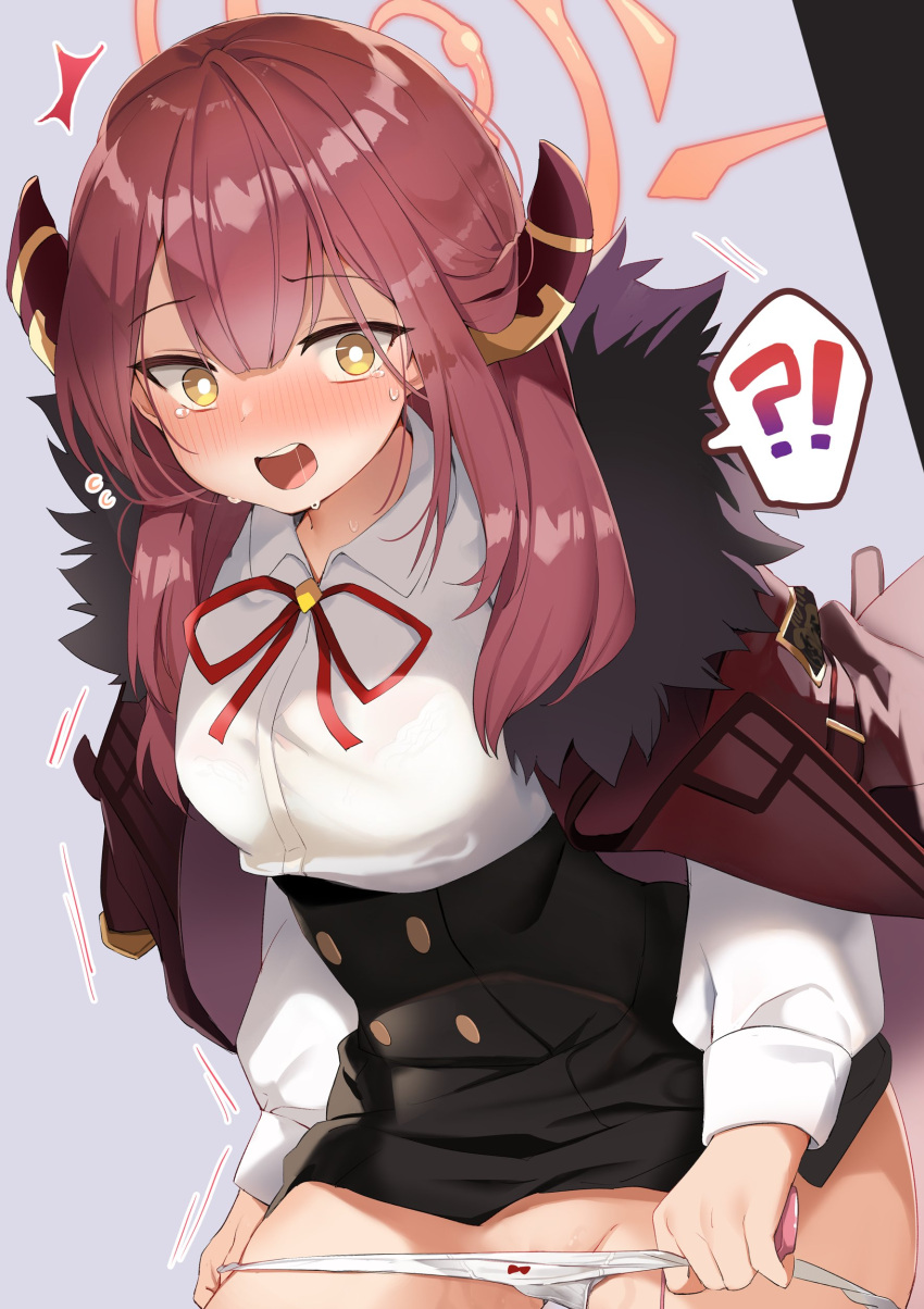 1girl absurdres aru_(blue_archive) blue_archive blush coat demon_horns fur-trimmed_coat fur_trim halo highres horns long_hair looking_at_viewer neck_ribbon open_clothes open_coat open_mouth panties pink_hair ribbon togo_(korlsj1235) underwear undressing white_panties yellow_eyes
