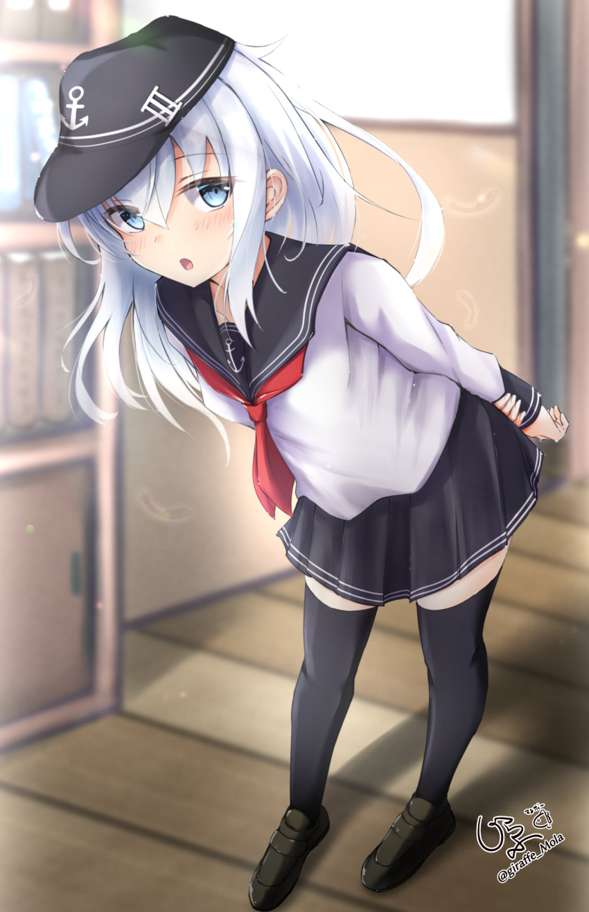 1girl :o absurdres anchor_symbol arms_behind_back artist_name bangs bent_over black_footwear black_headwear black_legwear black_skirt blue_eyes blush bookshelf eyebrows_visible_through_hair full_body giraffe_(ilconte) hat hibiki_(kancolle) highres indoors kantai_collection long_hair long_sleeves looking_at_viewer open_mouth pleated_skirt school_uniform shirt shoes signature skirt solo standing thigh-highs uniform white_hair white_shirt