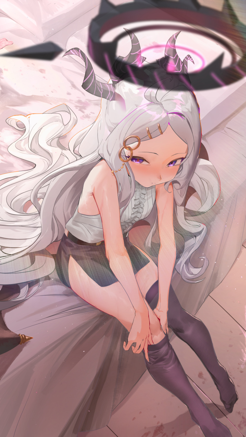 1girl absurdres adjusting_clothes adjusting_legwear ahoge bare_arms bare_shoulders bed black_legwear black_skirt blue_archive blush closed_mouth from_above grey_hair hair_ornament halo highres hina_(blue_archive) horns long_hair looking_at_viewer miniskirt multiple_horns no_jacket nuda on_bed pelvic_curtain pencil_skirt pillow shirt side_slit skirt sleeveless sleeveless_shirt solo stain stained_sheets thigh-highs violet_eyes white_shirt zettai_ryouiki