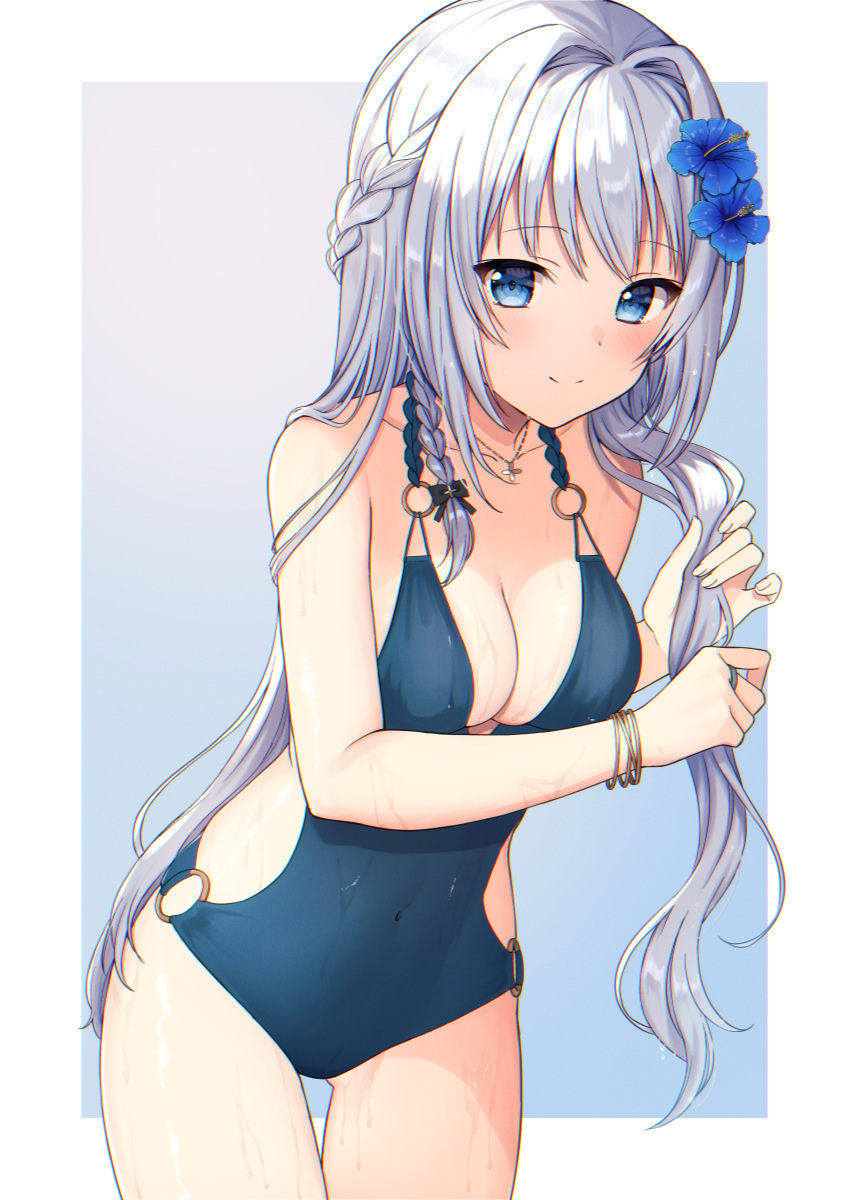 1girl absurdres bangs blue_eyes blue_swimsuit braid breasts closed_mouth commentary_request covered_navel cross cross_necklace eyebrows_visible_through_hair flower french_braid hair_flower hair_ornament highres huge_filesize jewelry large_breasts long_hair looking_at_viewer magia_record:_mahou_shoujo_madoka_magica_gaiden mahou_shoujo_madoka_magica mochiko_(uyu_omochi) necklace o-ring o-ring_bottom o-ring_swimsuit o-ring_top one-piece_swimsuit smile solo swimsuit thighs wet white_hair yakumo_mitama
