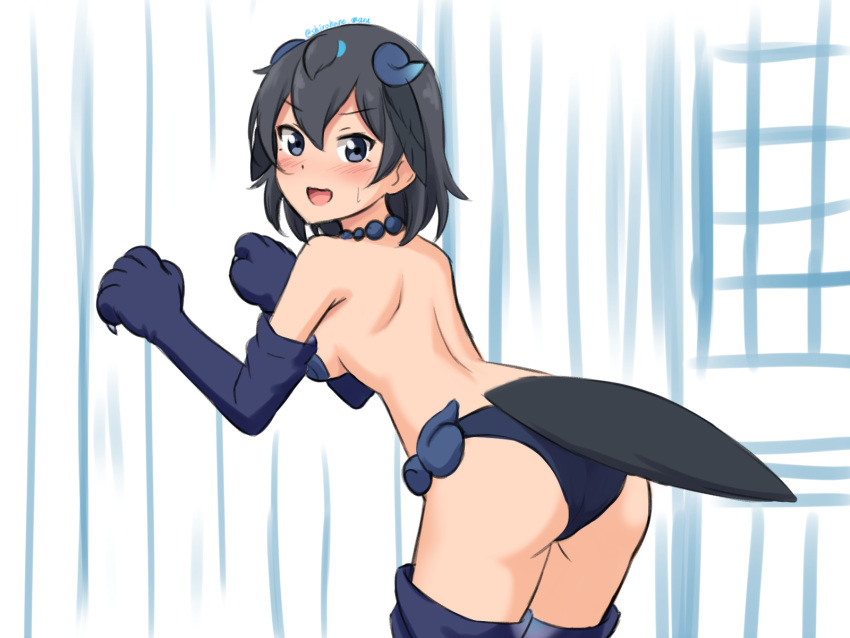 1girl :d ass bare_back black_eyes black_gloves black_hair blush breasts claw_pose cosplay elbow_gloves eyebrows_visible_through_hair gloves greater_lophorina_(kemono_friends) head_wings highres kemono_friends leaning_forward looking_at_viewer looking_back medium_breasts open_mouth paw_gloves paws shiisaa_right shiisaa_right_(cosplay) shiraha_maru short_hair shoulder_blades smile solo sweatdrop tail thigh-highs twitter_username