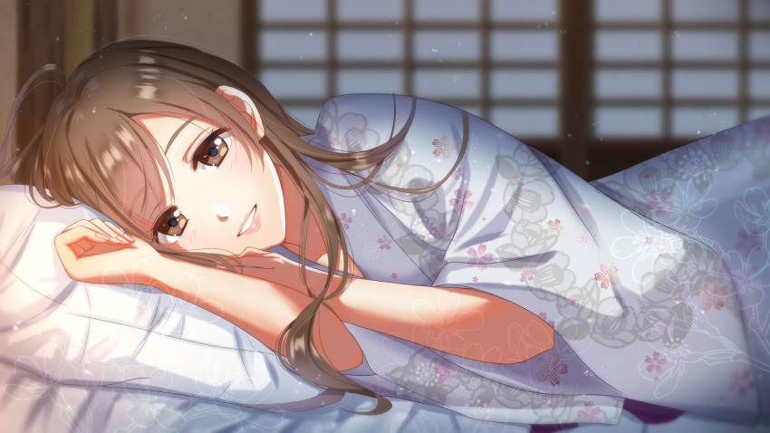 1girl brown_eyes brown_hair commission indoors izumi_(stardustalone) japanese_clothes kimono long_hair lying on_bed on_side original parted_lips pillow solo watermark wide_sleeves